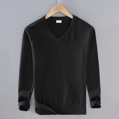 Buddha Stones Solid Color V-Neck Cotton Simple Design Men's Long Sleeve Sweater