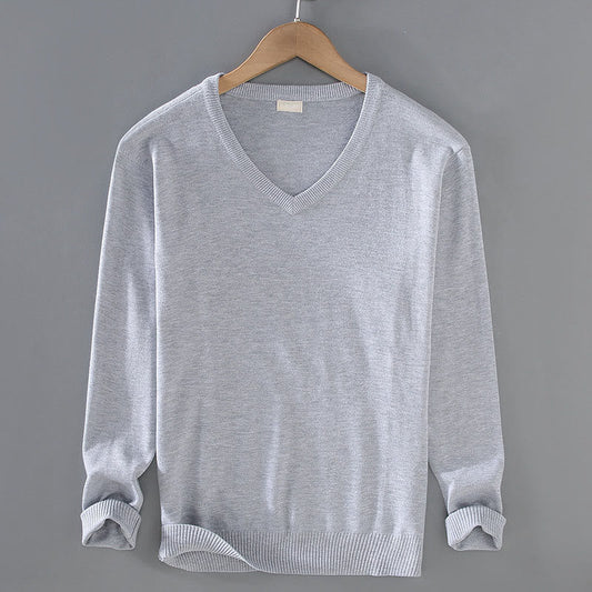 Buddha Stones Solid Color V-Neck Cotton Simple Design Men's Long Sleeve Sweater
