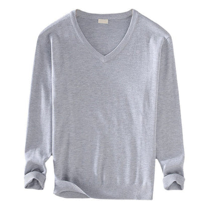 Buddha Stones Solid Color V-Neck Cotton Simple Design Men's Long Sleeve Sweater