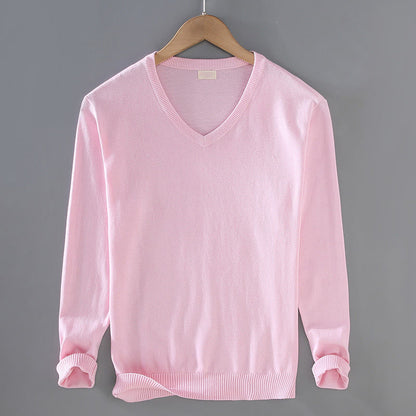 Buddha Stones Solid Color V-Neck Cotton Simple Design Men's Long Sleeve Sweater
