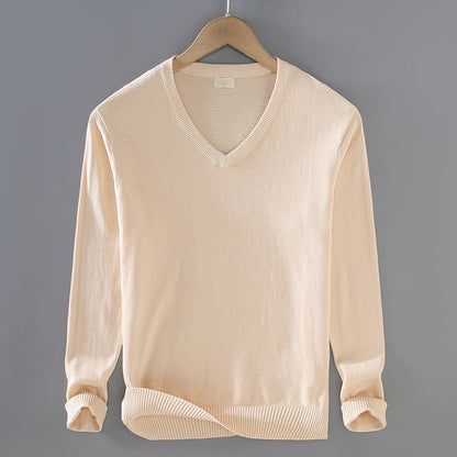 Buddha Stones Solid Color V-Neck Cotton Simple Design Men's Long Sleeve Sweater