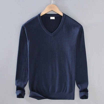 Buddha Stones Solid Color V-Neck Cotton Simple Design Men's Long Sleeve Sweater