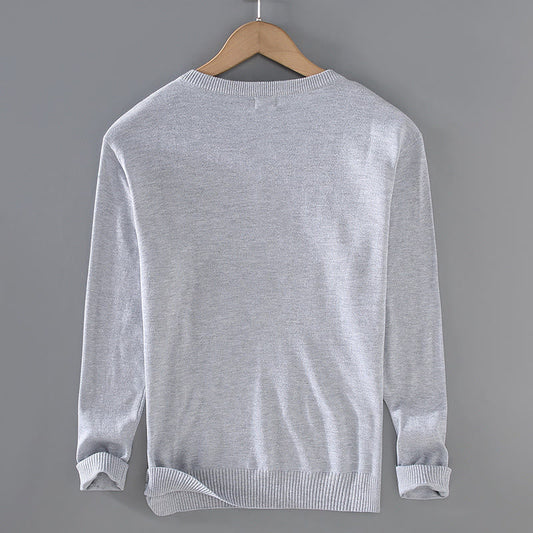 Buddha Stones Solid Color V-Neck Cotton Simple Design Men's Long Sleeve Sweater