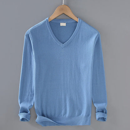 Buddha Stones Solid Color V-Neck Cotton Simple Design Men's Long Sleeve Sweater