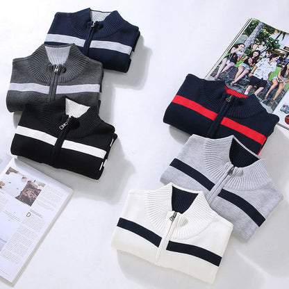 Buddha Stones Color Contrast Striped Half Zipper Design Cotton Men's Long Sleeve Sweater