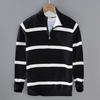 Buddha Stones Color Contrast Striped Half Zipper Design Cotton Men's Long Sleeve Sweater