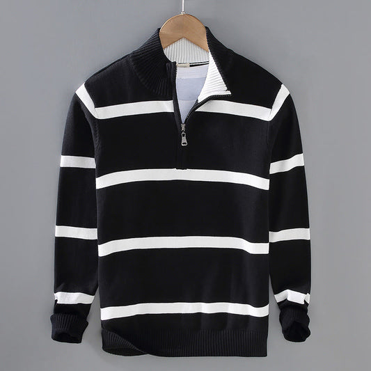 Buddha Stones Color Contrast Striped Half Zipper Design Cotton Men's Long Sleeve Sweater