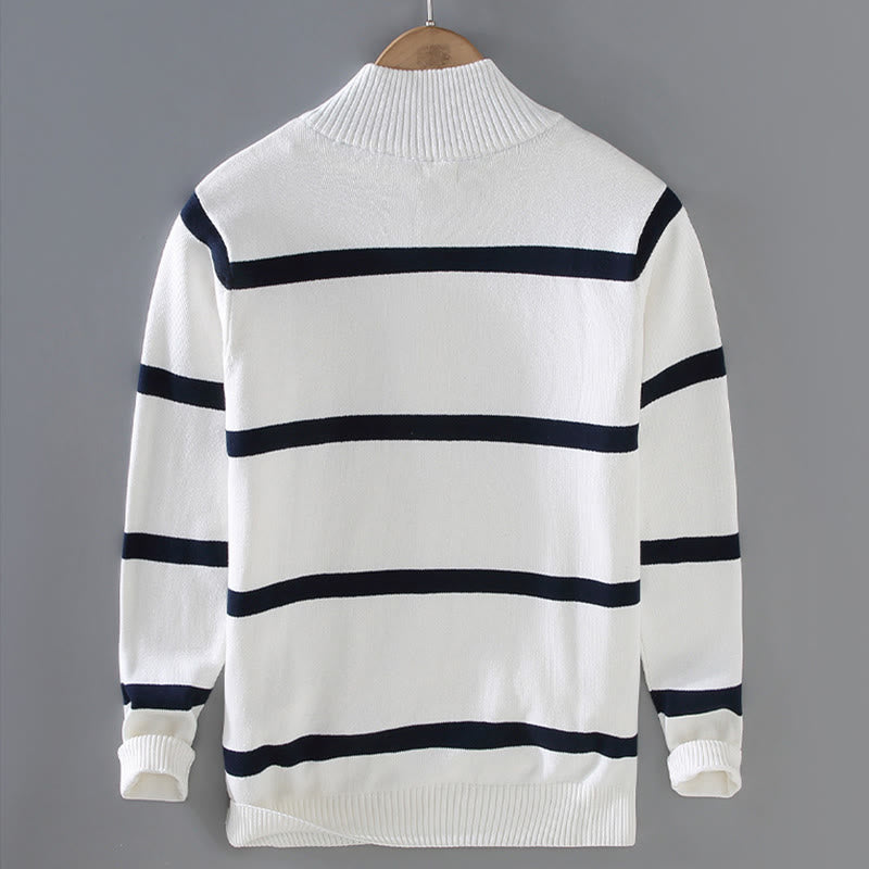Buddha Stones Color Contrast Striped Half Zipper Design Cotton Men's Long Sleeve Sweater