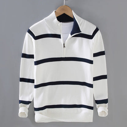Buddha Stones Color Contrast Striped Half Zipper Design Cotton Men's Long Sleeve Sweater