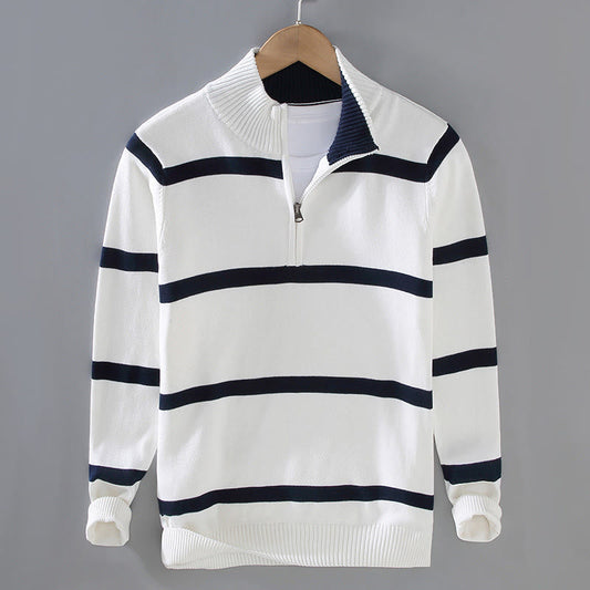 Buddha Stones Color Contrast Striped Half Zipper Design Cotton Men's Long Sleeve Sweater