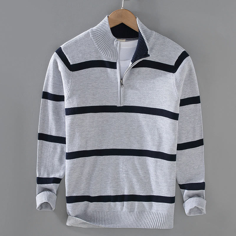 Buddha Stones Color Contrast Striped Half Zipper Design Cotton Men's Long Sleeve Sweater