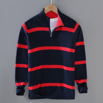 Buddha Stones Color Contrast Striped Half Zipper Design Cotton Men's Long Sleeve Sweater