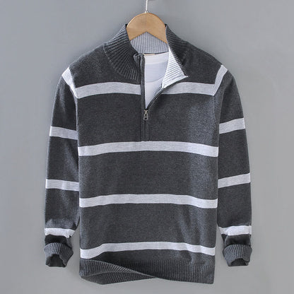 Buddha Stones Color Contrast Striped Half Zipper Design Cotton Men's Long Sleeve Sweater