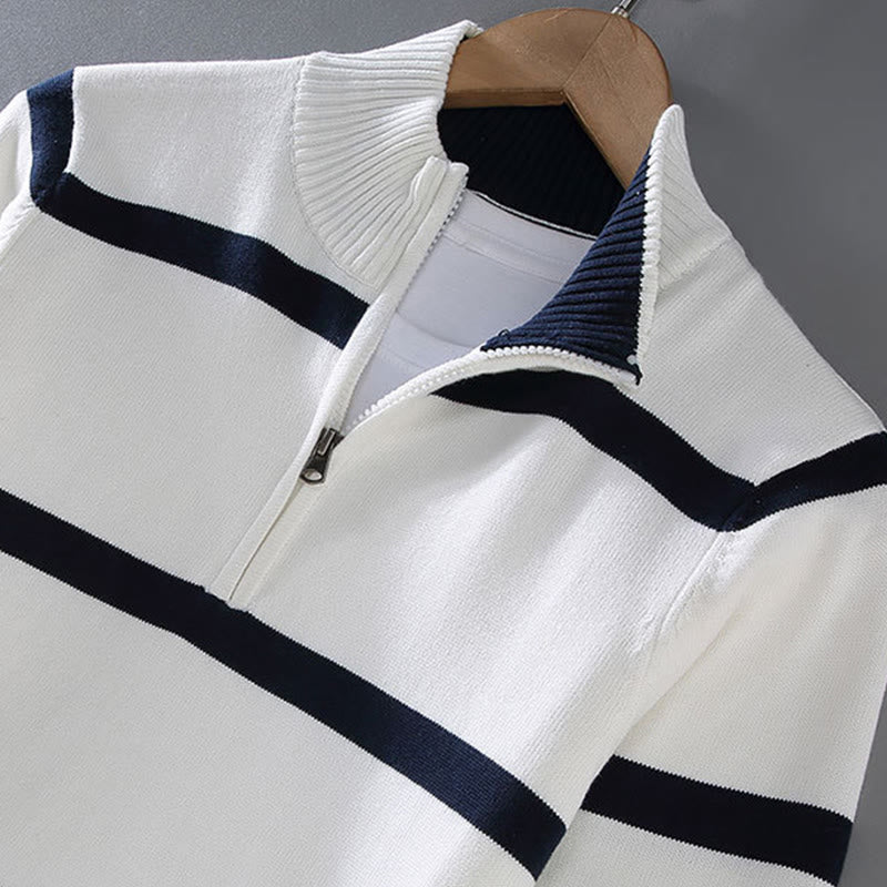 Buddha Stones Color Contrast Striped Half Zipper Design Cotton Men's Long Sleeve Sweater