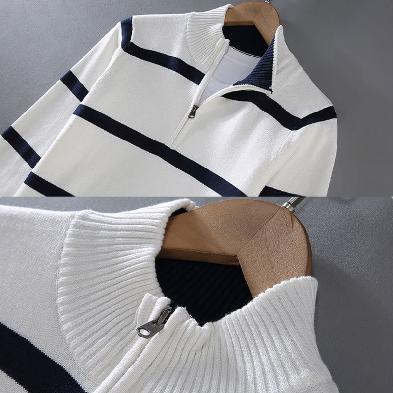 Buddha Stones Color Contrast Striped Half Zipper Design Cotton Men's Long Sleeve Sweater
