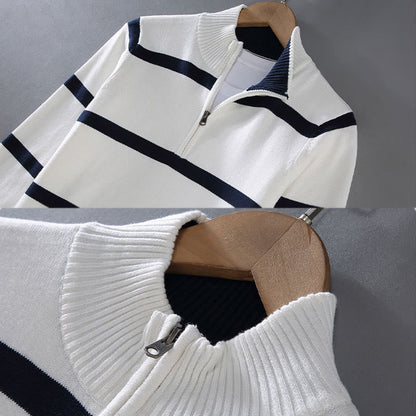 Buddha Stones Color Contrast Striped Half Zipper Design Cotton Men's Long Sleeve Sweater