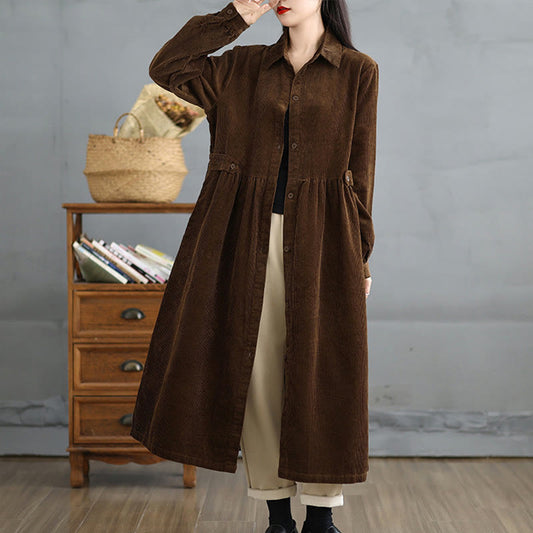 Buddha Stones Plain Buttons Long Sleeve Women's Cotton Corduroy Coat With Pockets