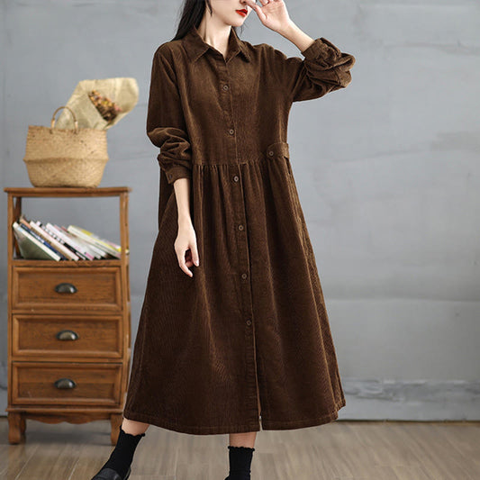 Buddha Stones Plain Buttons Long Sleeve Women's Cotton Corduroy Coat With Pockets