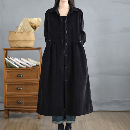 Buddha Stones Plain Buttons Long Sleeve Women's Cotton Corduroy Coat With Pockets