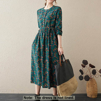 Buddha Stones Commute Floral Drawstring Women's Long Sleeve Cotton Midi Dress With Pockets