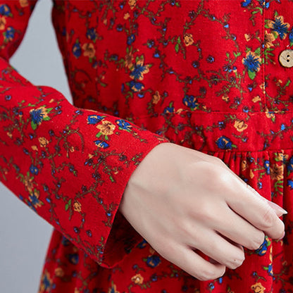 Buddha Stones Commute Floral Drawstring Women's Long Sleeve Cotton Midi Dress With Pockets