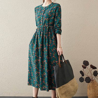Buddha Stones Commute Floral Drawstring Women's Long Sleeve Cotton Midi Dress With Pockets