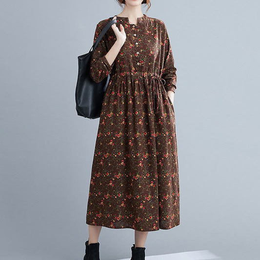 Buddha Stones Commute Floral Drawstring Women's Long Sleeve Cotton Midi Dress With Pockets
