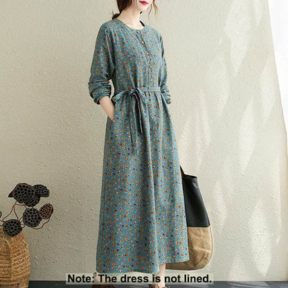 Buddha Stones Commute Floral Drawstring Women's Long Sleeve Cotton Midi Dress With Pockets