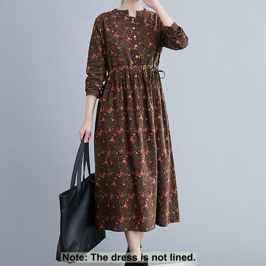 Buddha Stones Commute Floral Drawstring Women's Long Sleeve Cotton Midi Dress With Pockets