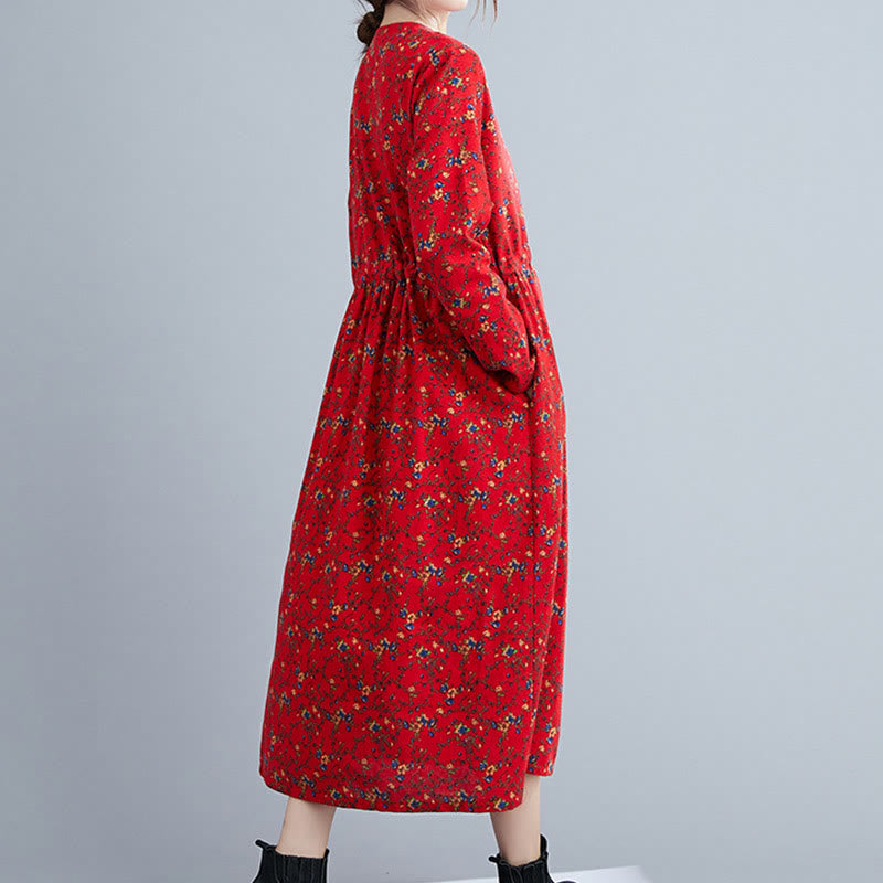 Buddha Stones Commute Floral Drawstring Women's Long Sleeve Cotton Midi Dress With Pockets