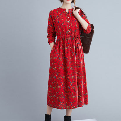 Buddha Stones Commute Floral Drawstring Women's Long Sleeve Cotton Midi Dress With Pockets