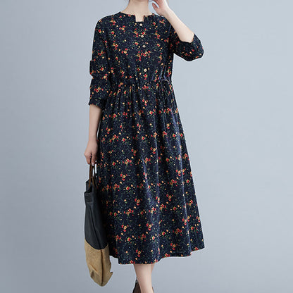 Buddha Stones Commute Floral Drawstring Women's Long Sleeve Cotton Midi Dress With Pockets