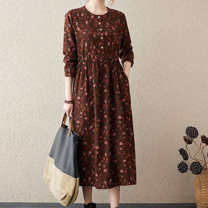 Buddha Stones Commute Floral Drawstring Women's Long Sleeve Cotton Midi Dress With Pockets
