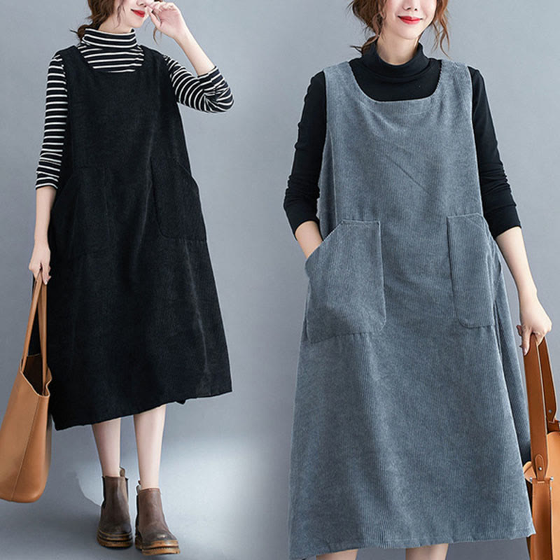 Buddha Stones Commute Crew Neck Women's Sleeveless Cotton Corduroy Midi Dress With Pockets