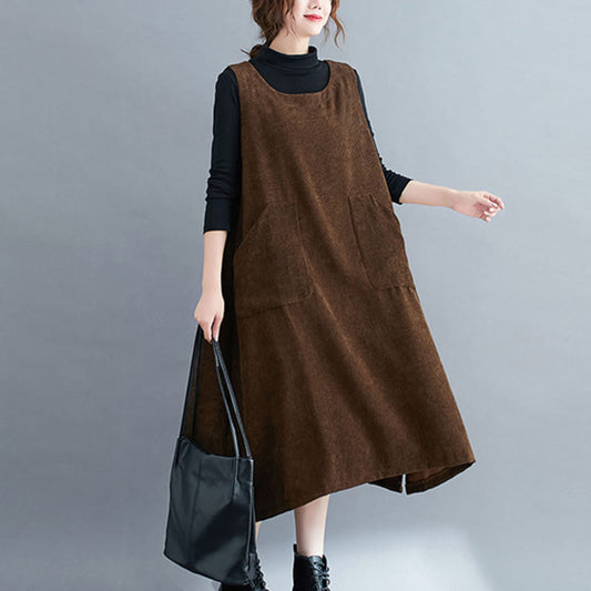 Buddha Stones Commute Crew Neck Women's Sleeveless Cotton Corduroy Midi Dress With Pockets