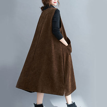 Buddha Stones Commute Crew Neck Women's Sleeveless Cotton Corduroy Midi Dress With Pockets