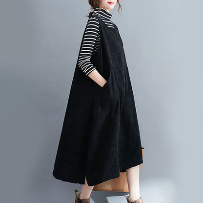 Buddha Stones Commute Crew Neck Women's Sleeveless Cotton Corduroy Midi Dress With Pockets