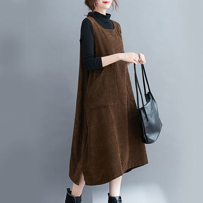 Buddha Stones Commute Crew Neck Women's Sleeveless Cotton Corduroy Midi Dress With Pockets