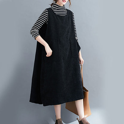 Buddha Stones Commute Crew Neck Women's Sleeveless Cotton Corduroy Midi Dress With Pockets