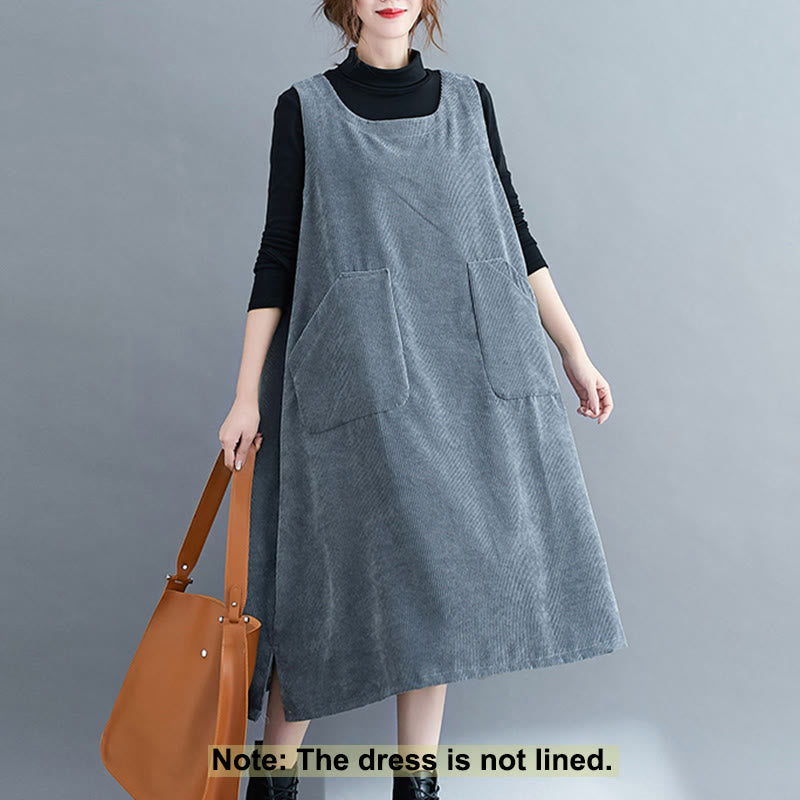Buddha Stones Commute Crew Neck Women's Sleeveless Cotton Corduroy Midi Dress With Pockets