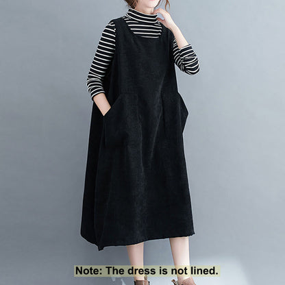 Buddha Stones Commute Crew Neck Women's Sleeveless Cotton Corduroy Midi Dress With Pockets