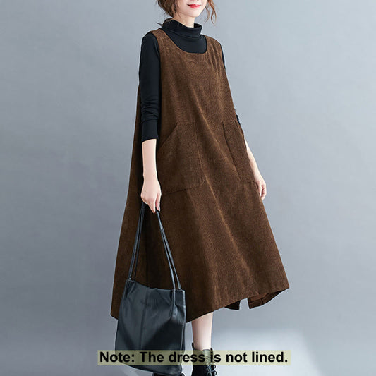 Buddha Stones Commute Crew Neck Women's Sleeveless Cotton Corduroy Midi Dress With Pockets