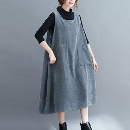 Buddha Stones Commute Crew Neck Women's Sleeveless Cotton Corduroy Midi Dress With Pockets