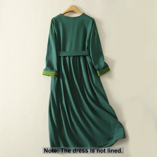 Buddha Stones Patched Color Block Desgin Cotton Women's Long Sleeve Midi Dress With Pockets