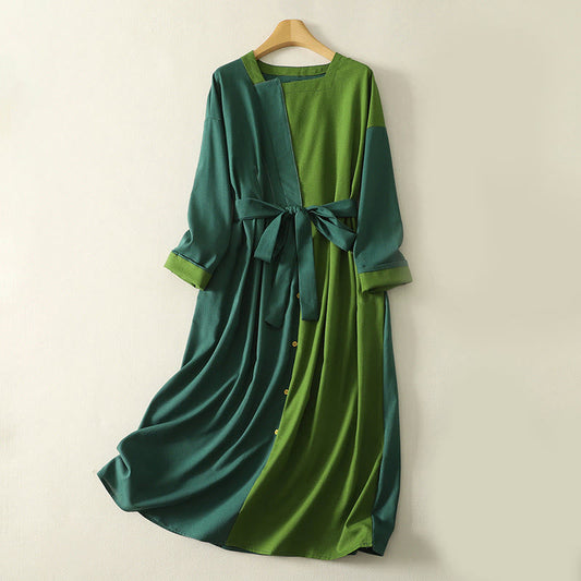 Buddha Stones Patched Color Block Desgin Cotton Women's Long Sleeve Midi Dress With Pockets