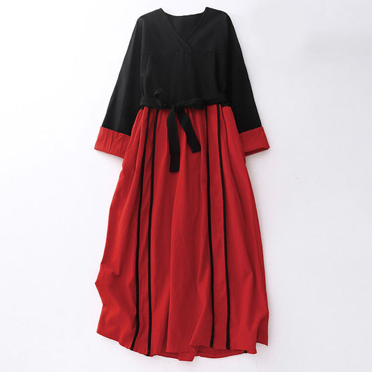 Buddha Stones Color Block Lace-Up Desgin Women's Long Sleeve Midi Dress With Pockets