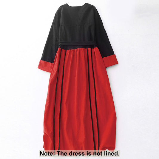 Buddha Stones Color Block Lace-Up Desgin Women's Long Sleeve Midi Dress With Pockets