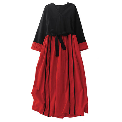 Buddha Stones Color Block Lace-Up Desgin Women's Long Sleeve Midi Dress With Pockets