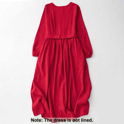 Buddha Stones Plain Long Sleeve Lace-up Desgin Women's Cotton Midi Dress With Pockets