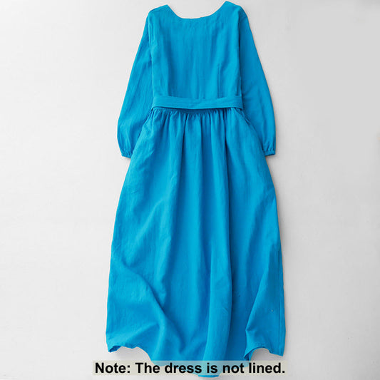 Buddha Stones Plain Long Sleeve Lace-up Desgin Women's Cotton Midi Dress With Pockets